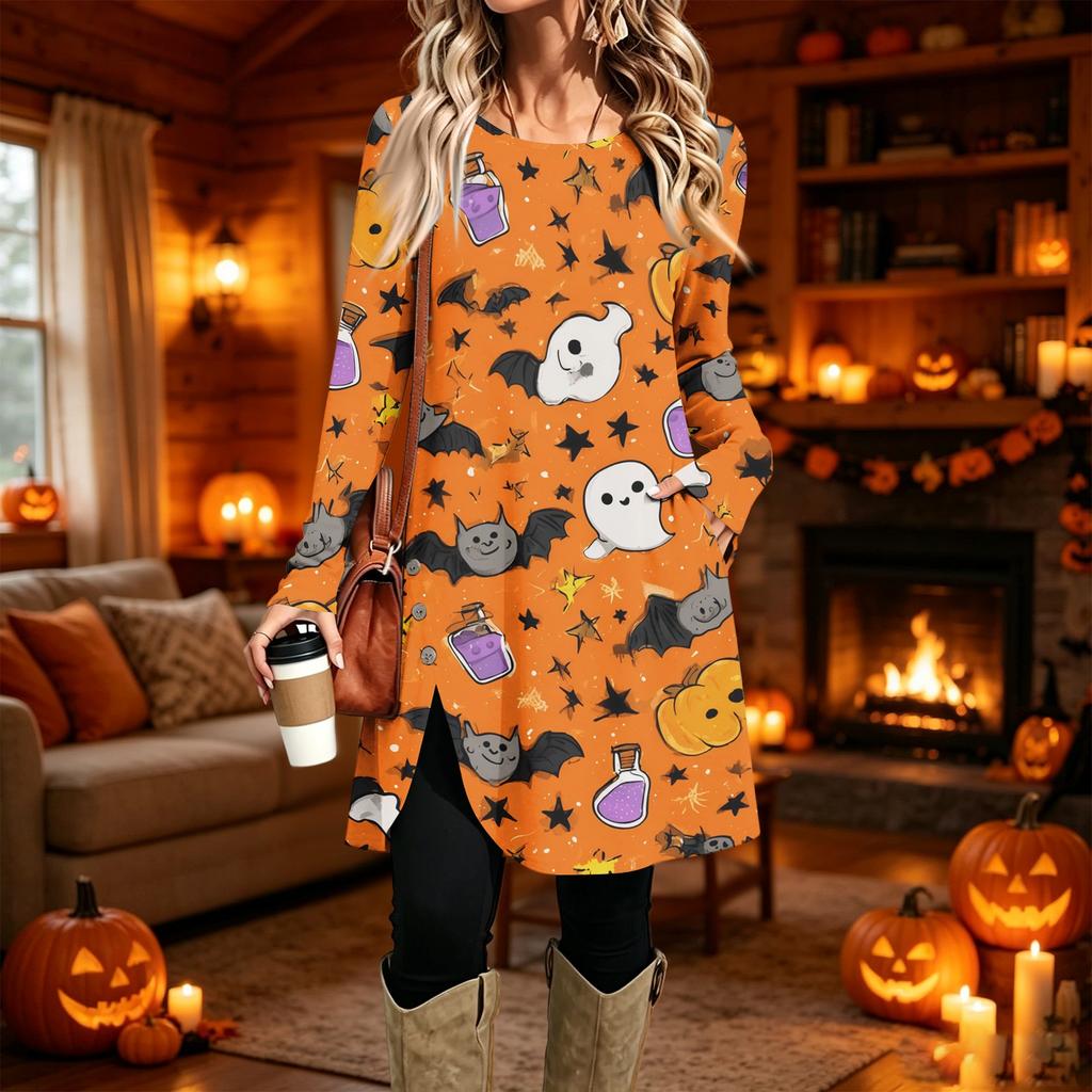 Women's Casual Long Sleeve Printed Round Neck Dress for Everyday Fashion