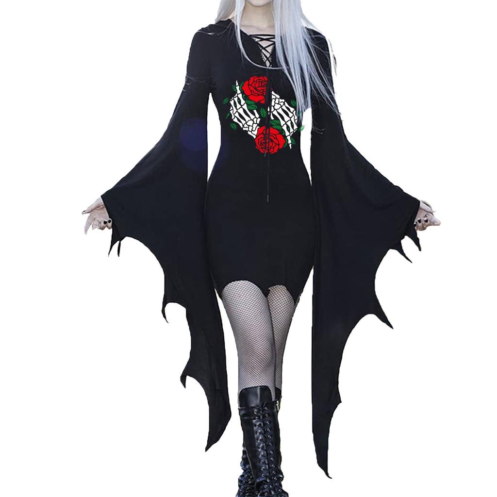 Medieval Vampire Cosplay Costume Women Sexy Slim Gothic Black Dress Vintage Bat Sleeve Witch Halloween Carnival Party Dresses