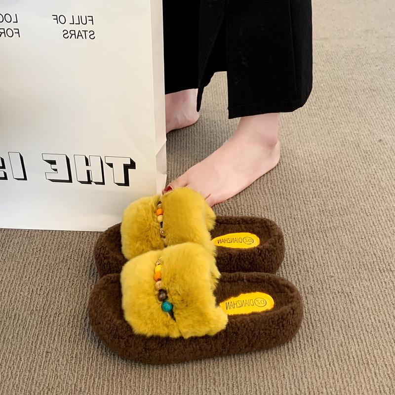 Thick-soled Fluffy Slippers Women's Outer Wear 2025 New Autumn Small Versatile Cotton Slippers Foreign Style Heightening Shoes