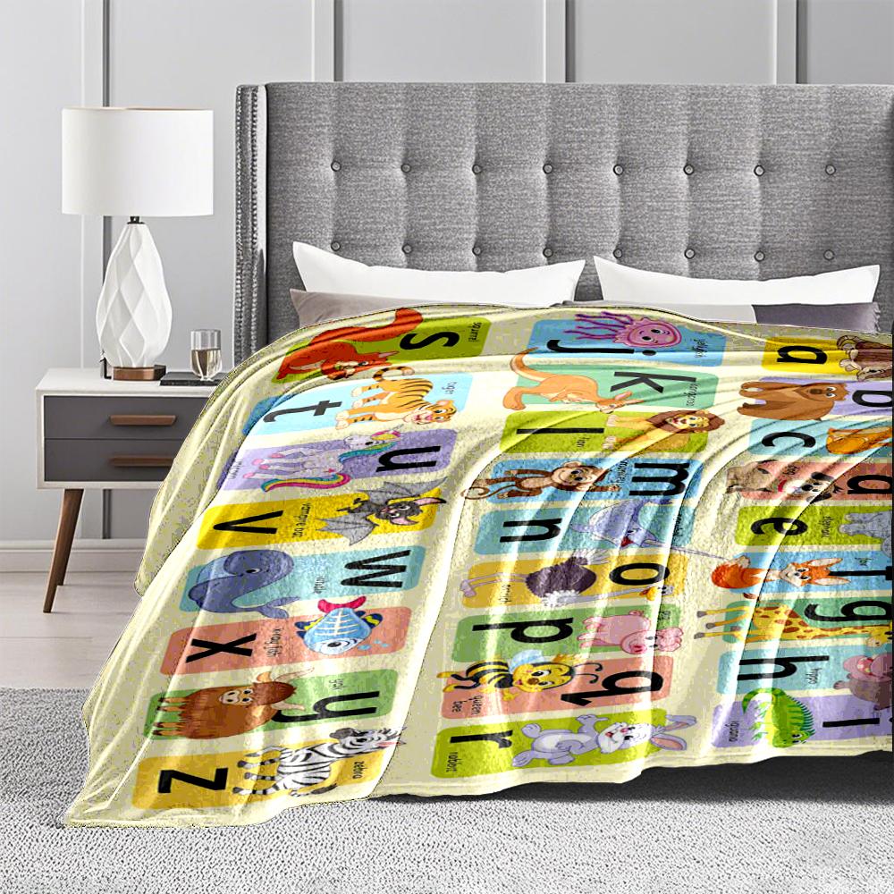 Alphabet Animal Characters Educational Keep warm -Flannel blanket for bedroom, living room, sofa, and nap