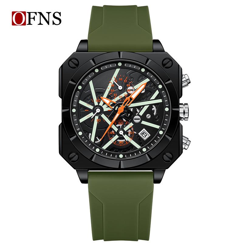 OFNS Men's Six-Needle Chronograph Quartz Watch with Luminous Bar Markers, Square Face, Waterproof, and Calendar.