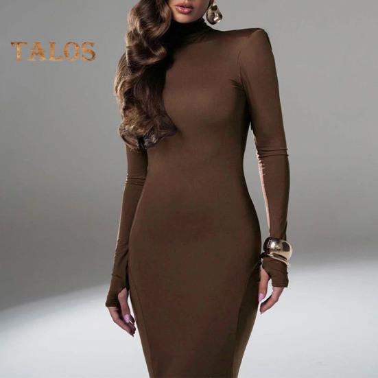 Women Evening Dress Long Sleeves Skinny Solid Color Sheath Hollow Back Floor Length Stretchy Half-high Collar Prom Party Maxi Dress