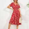 Summer Vacation Dress Floral Print Loose Ladies V Neck Female Dress