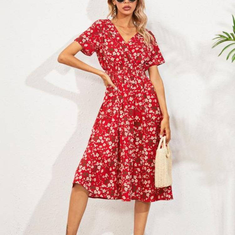 Summer Vacation Dress Floral Print Loose Ladies V Neck Female Dress
