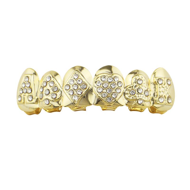 Grillz de Diamante Banhado a Ouro Decoração Hip-Hop com Baralho de Cartas Transfronteiriço