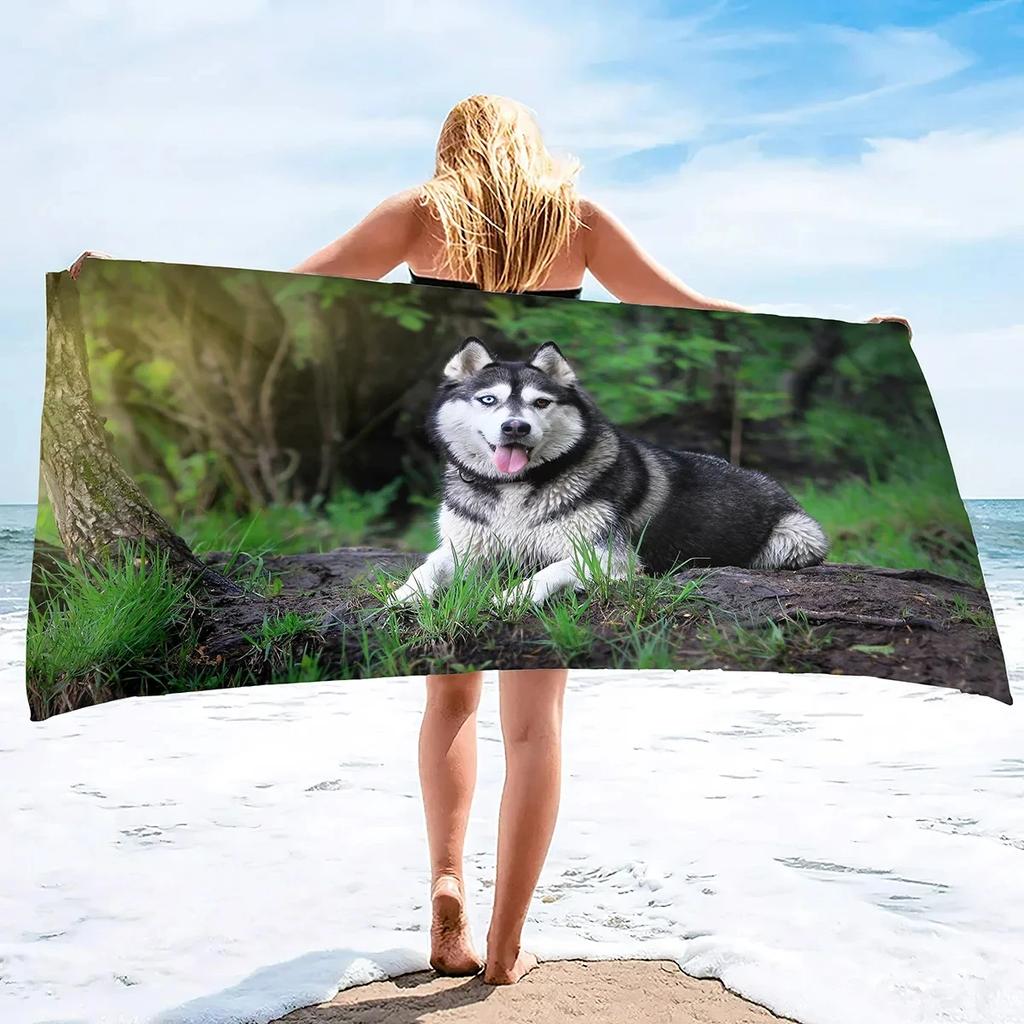 Lightweight Husky Dog Beach Towel Quick Dry Sand Free Pool Bath Towel Soft Outdoor Travel Towels for Camping Swimming Yoga Sport