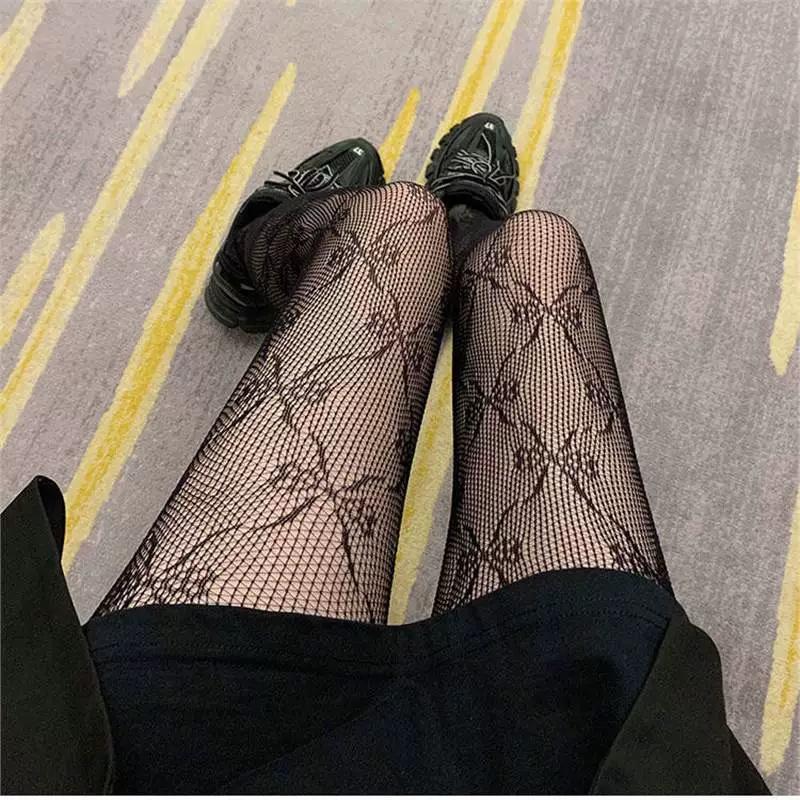 Sexy Hollow Grid Pattern Fishnet Pantyhose Women High Waist Slim Legs Mesh Tights Fashion Club Party Street Daily Wear Stockings