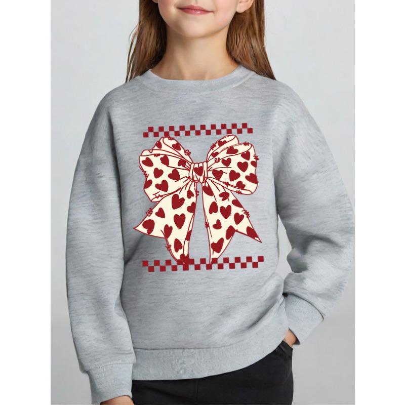 Kids Unisex Crewneck Sweatshirt, Red Heart Bow Checkerboard Print Long Sleeve Pullover, Soft Fleece Kids Sweatshirt For Boys Girls Over 4 Years Old