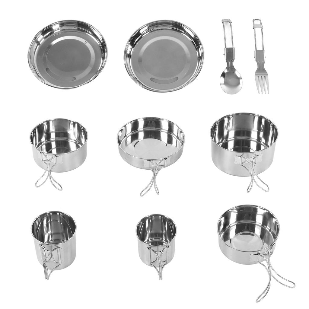 12 Pcs Camping Cookware Set Folding Handle 304 Stainless Steel Portable Picnic Cooking Pot Cup Set