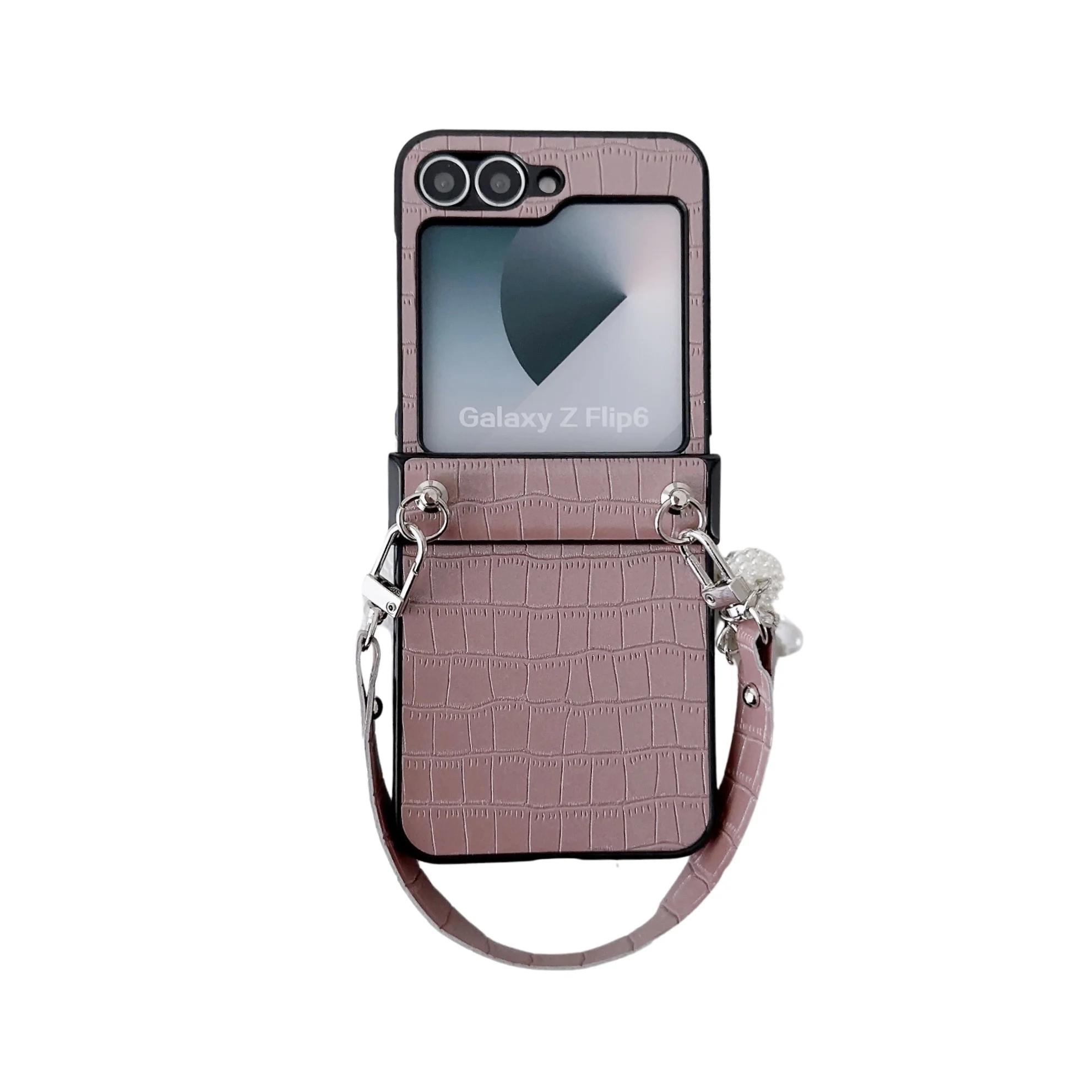 

Чехол для телефона из ПУ кожи с ремешком на запястье с узором аллигатора для Samsung Galaxy Z Flip 7 6 5 4 3 5G Защита Противоударный чехол Galaxy Z Flip7 розовый
