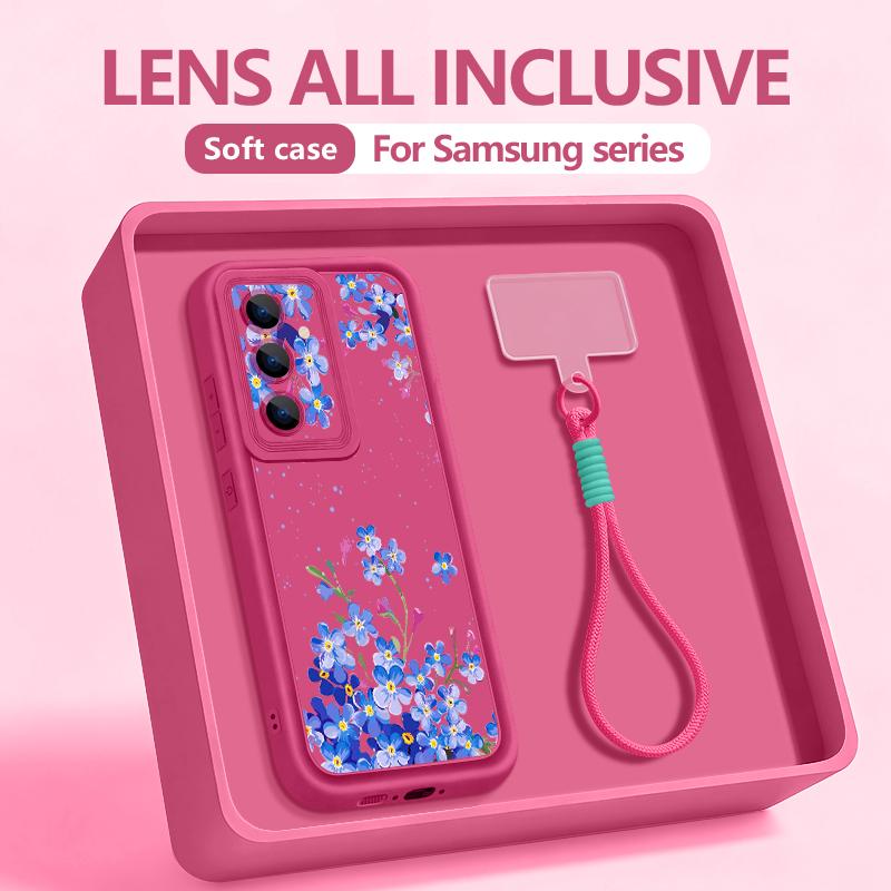 Lanyard Phone Case For Samsung Galaxy S26 S25 S24 Ultra S23 S25 FE A57 A37 A17 A56 A36 A16 A55 A54 A15 Pink Flowers Print Cover