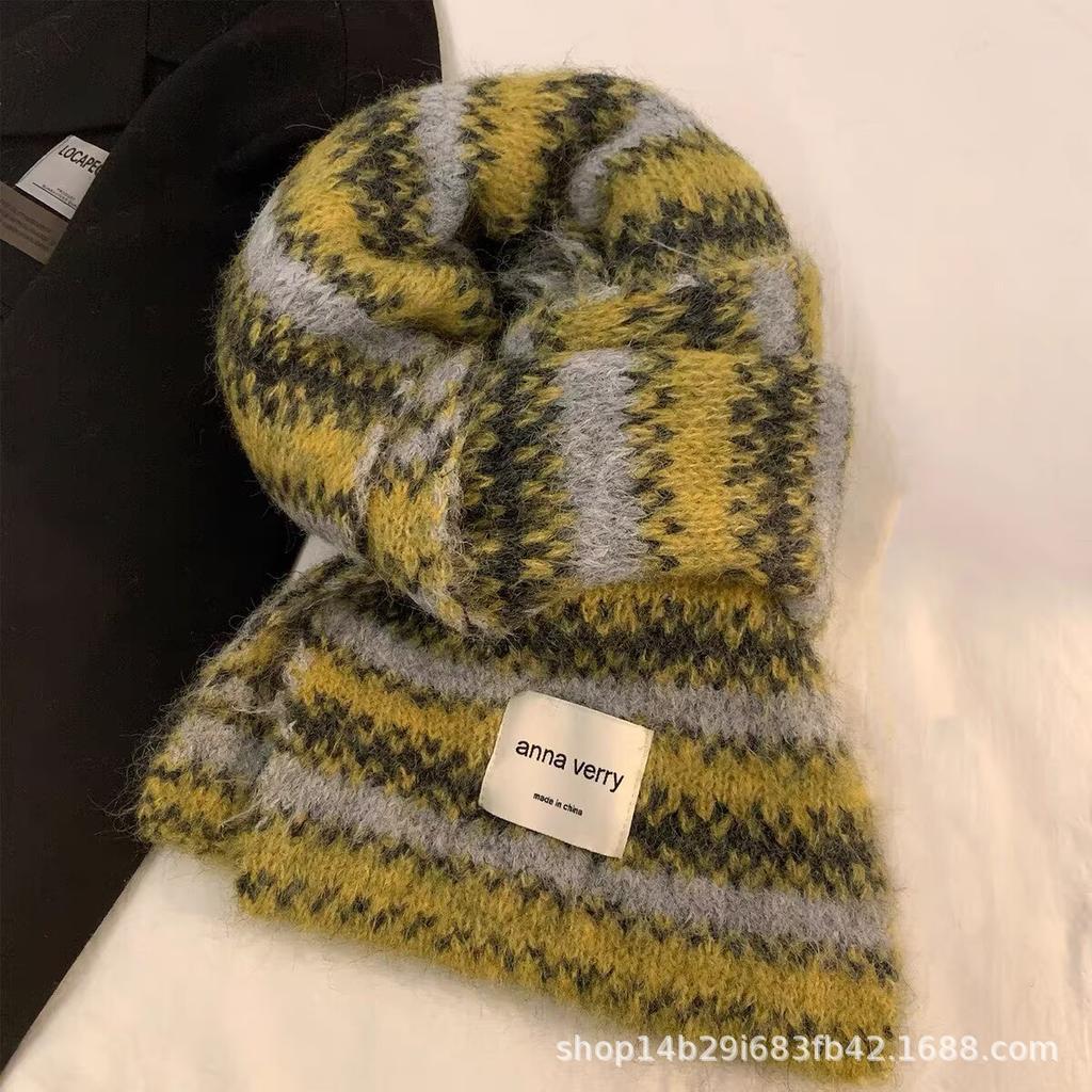 Knitted scarf with Korean autumn and winter atmosphere, women's velvet soft waxy stripes, cold-proof and warm, couple scarf men