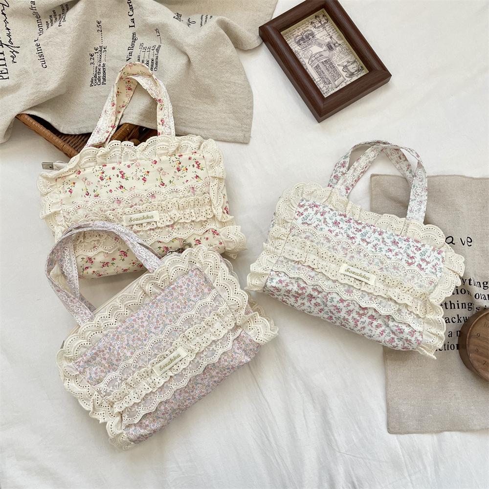 Lace Retro Flower Women's Canvas Shoulder Bags Vintage Floral Female Small Tote Bento Handbags Sweet College Girls Shopper Bag