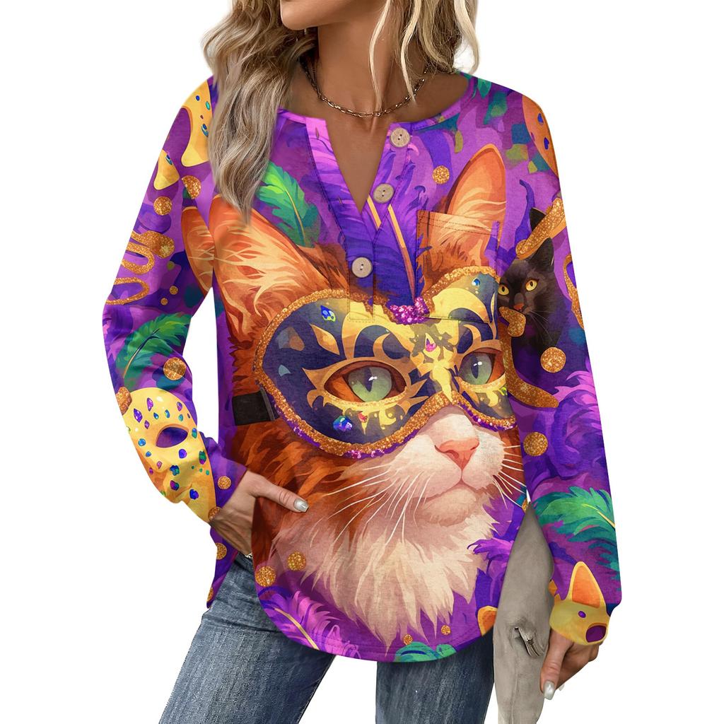 Women's Carnival Printed Fashion Long Sleeve Button Hoodie Top