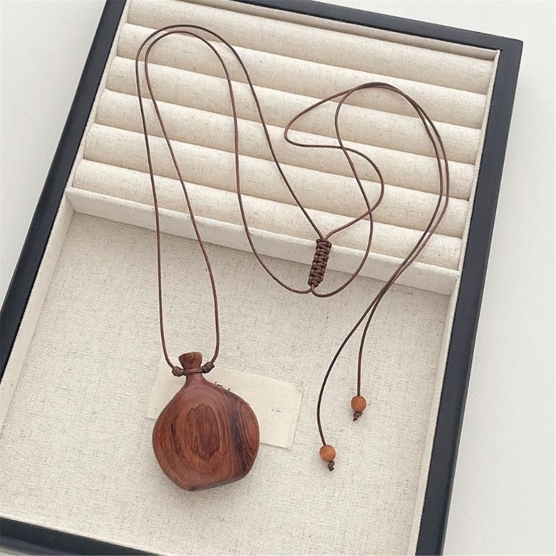 Vintage Wood Liquor Flask Pendant Necklace with Adjustable Slide Knots Wood Flagon Pendant Jewelry for Ethnic Fashion