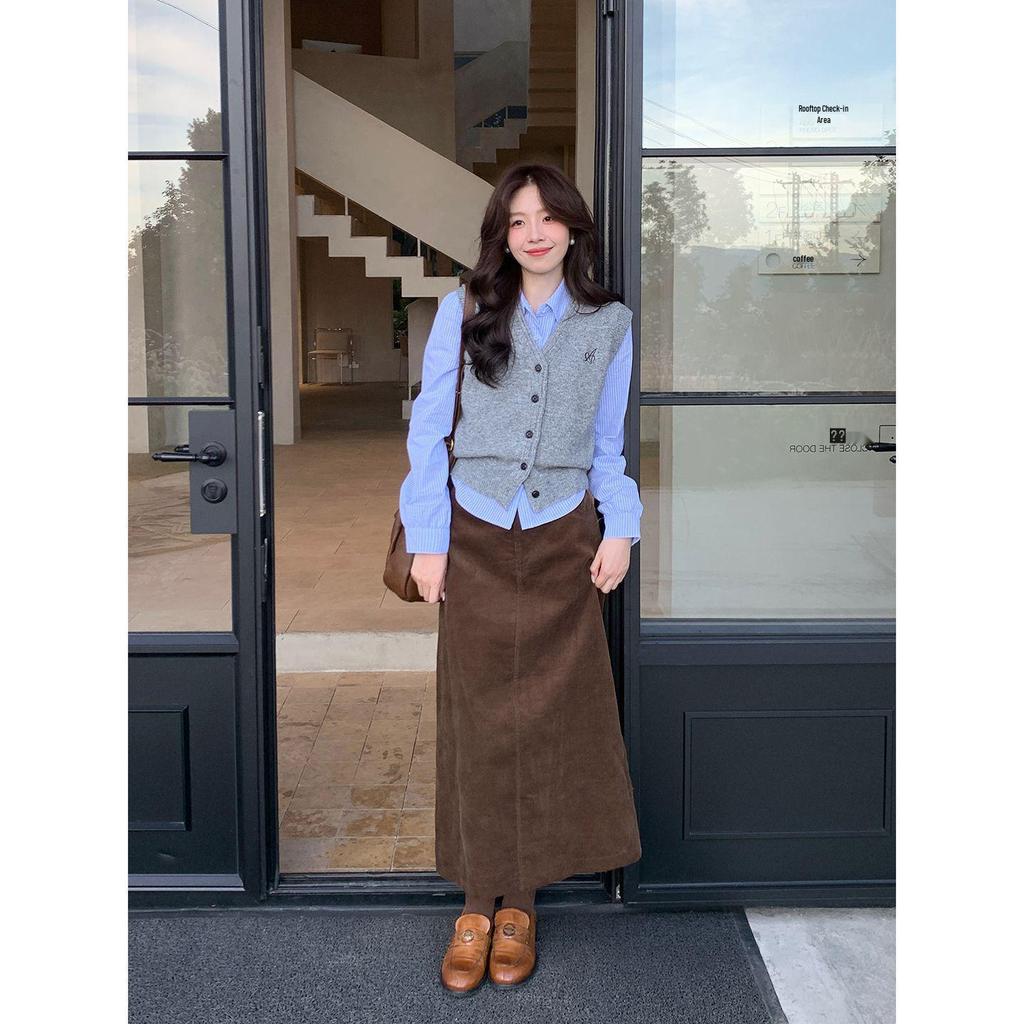 Korean Style Coffee Corduroy Long Skirt - Elegant, Slimming, Body-Shaping A-Line for Autumn & Winter