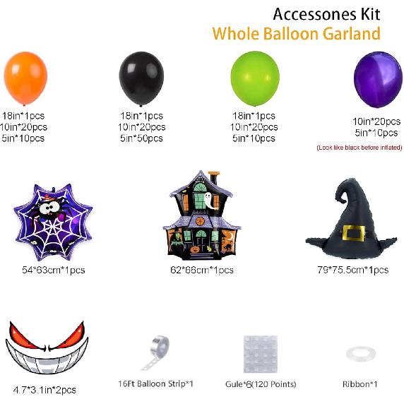 Bonropin 175pcs Halloween Balloon Garland Arch kit with Black Orange Green Purple Balloons Spider Balloons Halloween Foil Balloons for Halloween