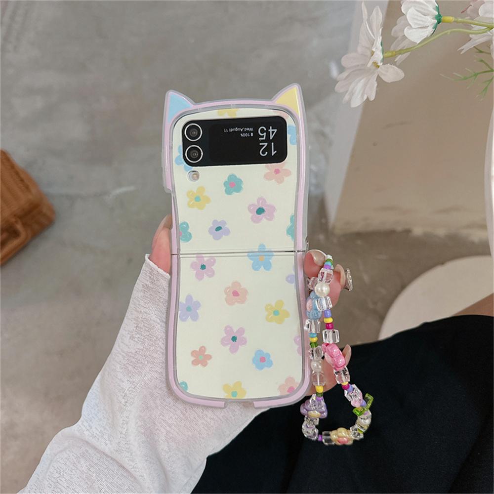 Custodia con Braccialetto a Catena per Polso Gatto con Orecchie da Fiore Cartone Animato per Samsung Galaxy Z Flip 6 5 4 3 Flip5 flip6 Pittura ad Olio Perline Braccialetto Copertura Colorata