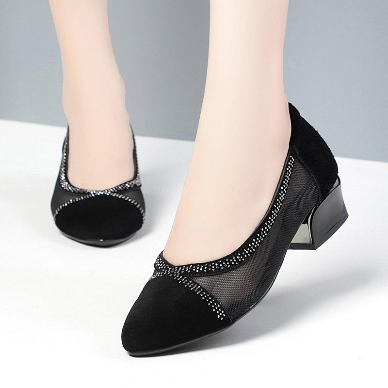 Rhinestone Mesh Women Shoes Classic 3.5/5.5cm High Quality Hollow Out Comfort Slip On Square Heel Shoes Lady Fashion Party Shoe