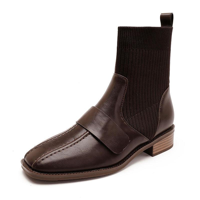 Elastic Socks Boots Knitted Short Boots 2025 New Autumn and Winter Retro Brown Low-heeled Medium Boots Square Head Thick Heel Thin Boots