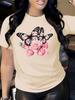 Breathable Knit Fabric Style for Spring Summer - Regular Length Women'S Butterfly & Roses Print T-Shirt Casual Short Sleeve