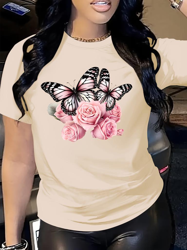 Breathable Knit Fabric Style for Spring Summer - Regular Length Women'S Butterfly & Roses Print T-Shirt Casual Short Sleeve