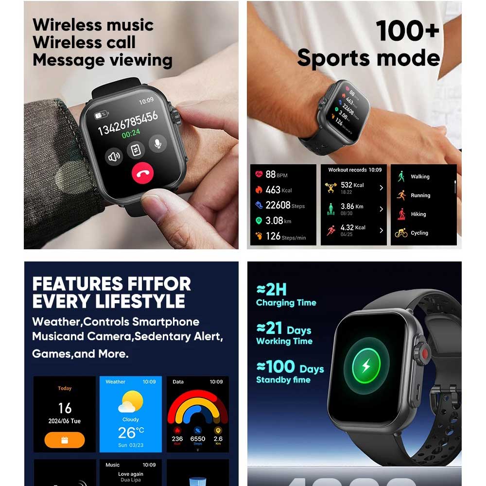 Neue Smartwatch 1000mAh Lange Akkulaufzeit Für Männer Frauen Fitness Sport Bluetooth Anruf Wasserdicht 1,85 Zoll Voll Touch Smartwatch