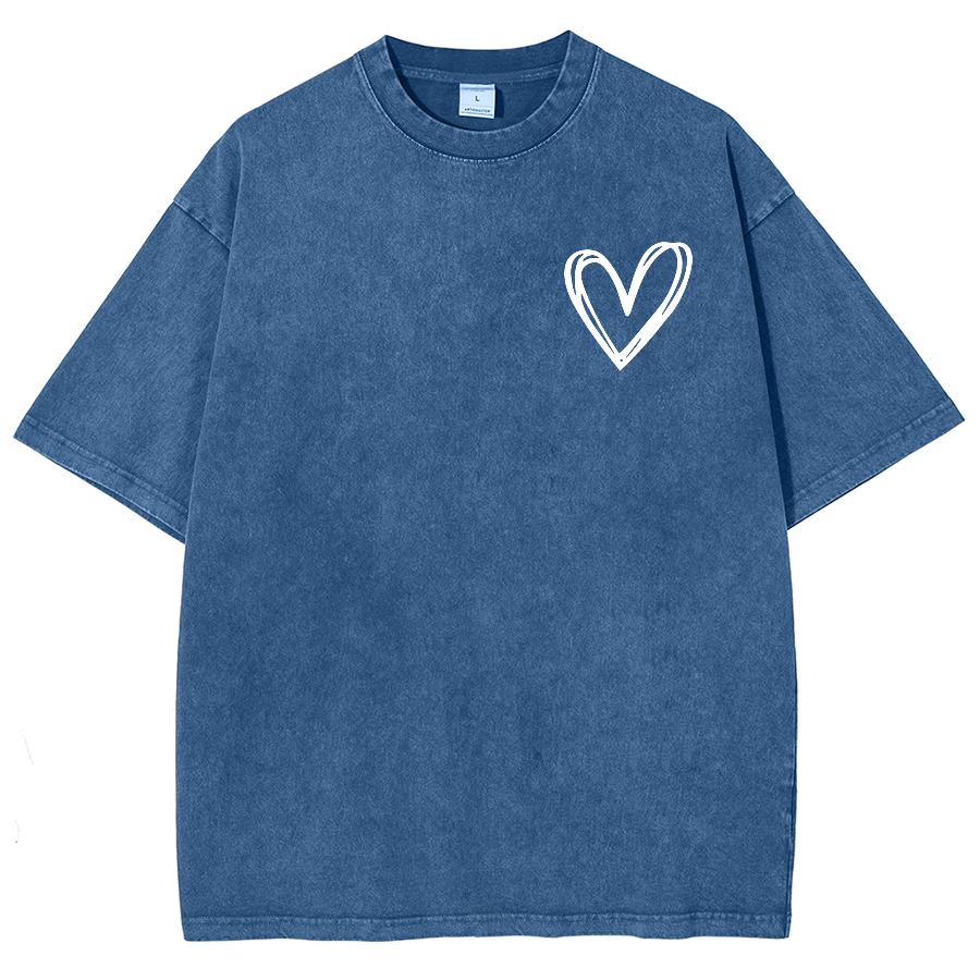 Colorful Round Neck Washed Denim Short-sleeved T-shirt Snowflake Pattern Love Print Back Letter Print Leisure Loose