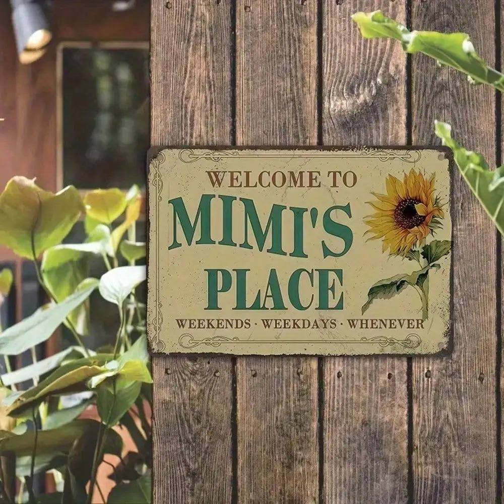 Vintage Welcome To Mimis Place Metal Tin Sign 20x30cm Rustic Floral Entryway Decor