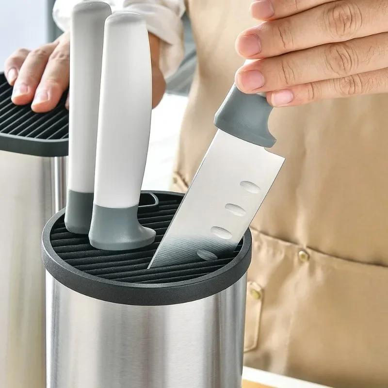 Steel Kitchen Area Plug Seat Knife Holder Multifunctional Storage Rack Knife Organizer Sleek Style Square Round Bucket