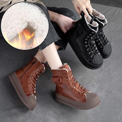 Winter Plüsch Warme Baumwollstiefel Echtes Leder Runde Zehen Dickbesohlte Kurze Damenstiefel