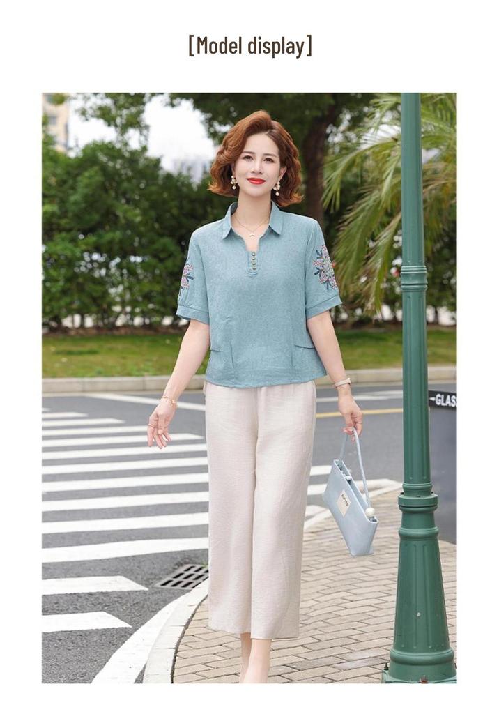 Women's Casual Summer Lapel T-Shirt - Short-Sleeved, Thin, Loose Fit for Middle-Aged and Elderly