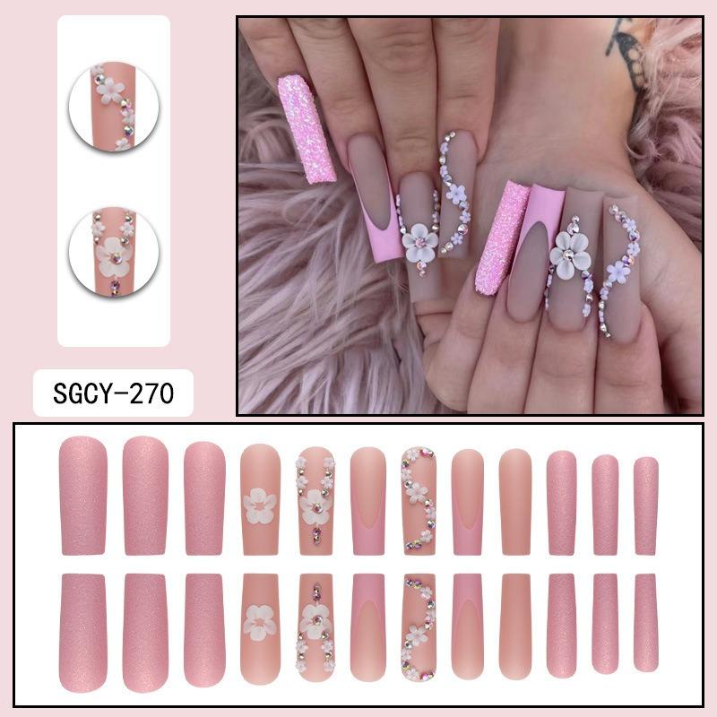Europe and the United States wear nail flowers burst broken diamond French matte nail art fashion fake nail patch wear nail piece finished product