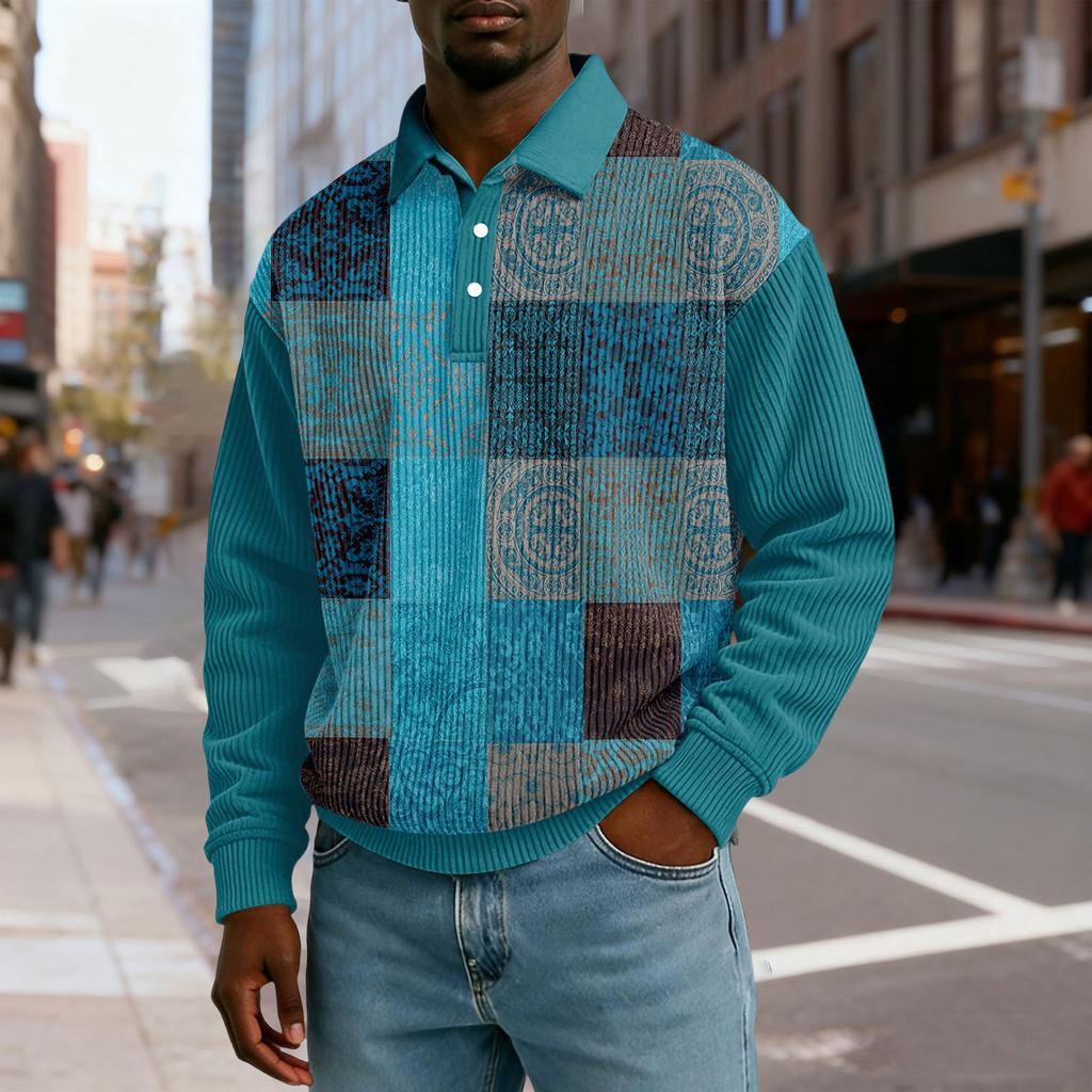 Herren Lässig Locker sitzend Oberteil Knopfleiste Kragen mit Knöpfen Lange Ärmel