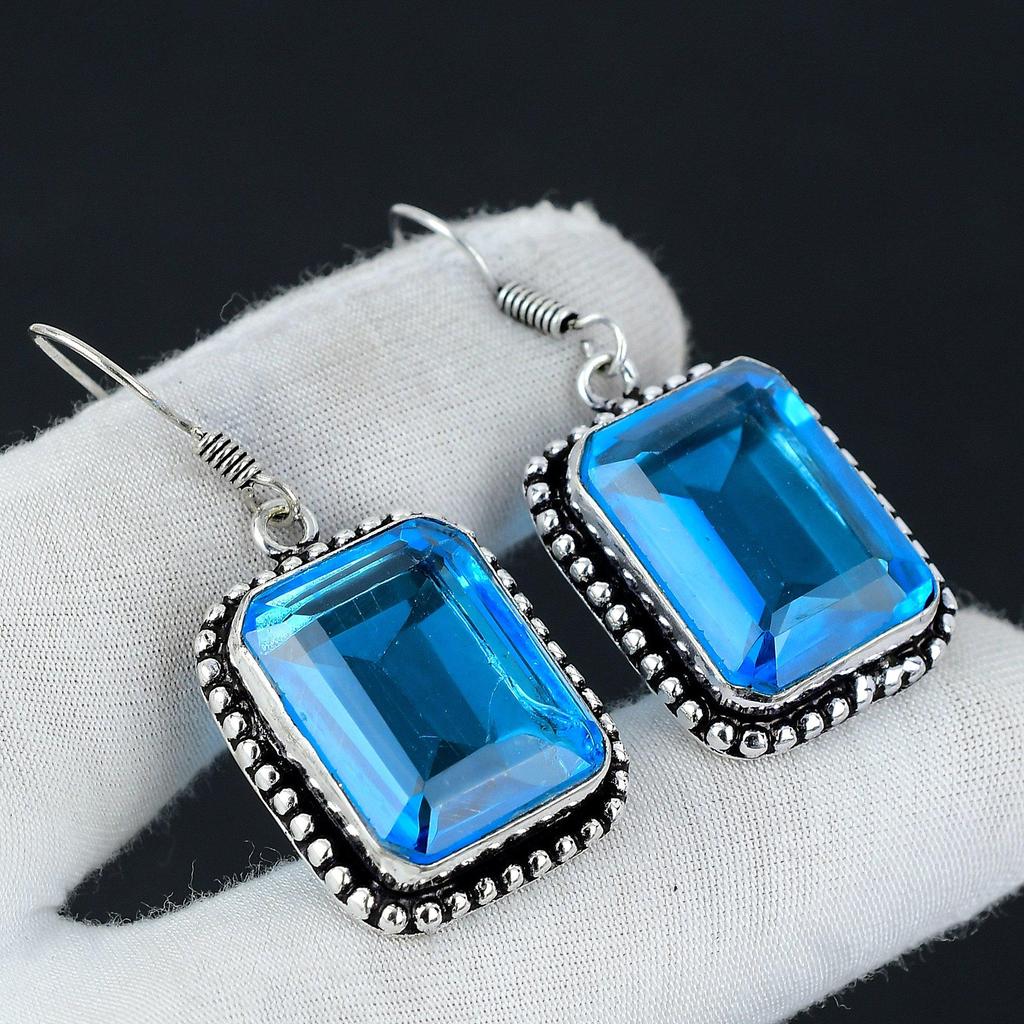 Náušnice s drahokamem Swiss Blue Topaz, Náušnice ze stříbra 925, Stříbrné náušnice Boho Jewelry, Náušnice Bohémské Dárky, Náušnice pro ženy