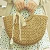 Women Cute Ribbon Straw Bags Summer Handmade Half Moon Beach Wild Totes Handbags
