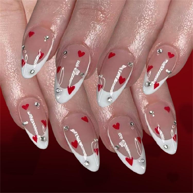 Women's Valentine Special Press On Nail 48Pcs Red Heart Glitters White French Design Multiple Sizes Easy Apply