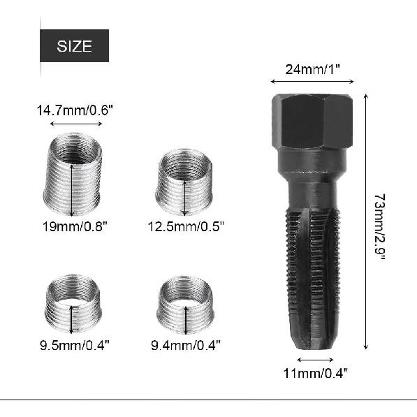 Spark Plug Thread Repair Kit, Akozon 5Pcs Carbon Steel Spark Plug Re-thread Tap Tools with Inserts for 14mm Sparking Plugs Repair