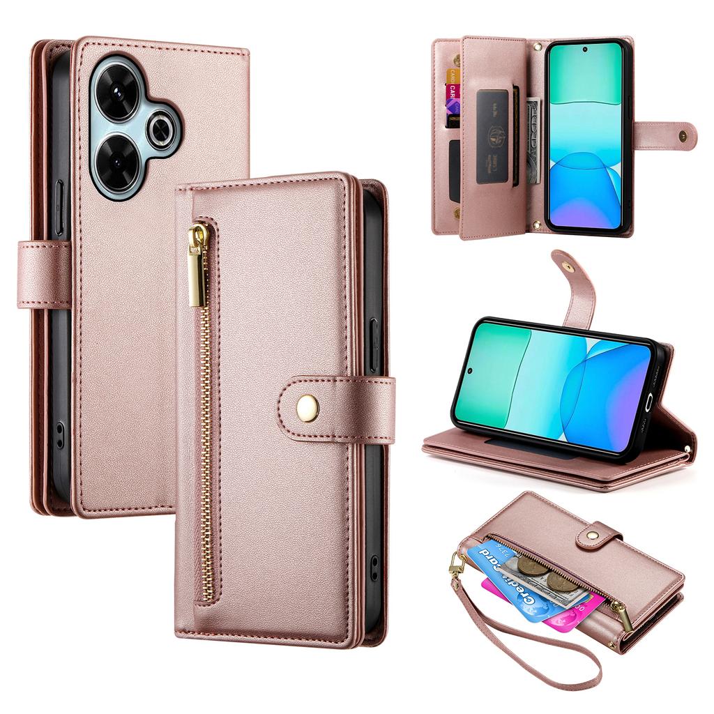 DF-011 For Xiaomi Redmi 13 4G/13 5G Case Zipper Pocket Wallet Leather Phone Cover with Straps