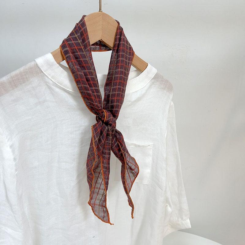 Retro Small Plaid Linen Square Scarf Literary And Versatile Women'S Summer Neck Protection Small Silk Scarf Scarf Accessories