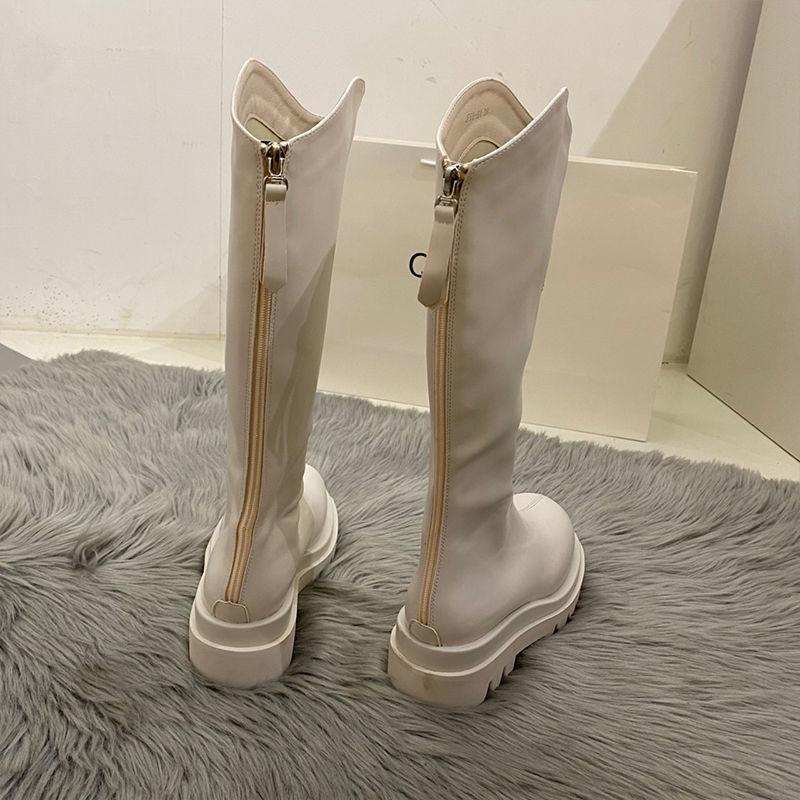 Fashion Solid Color Fleece-Lined Women's Long Boots Autumn Winter Comfortable and Elegant Trend 2025 Pu Hot Ladies Knee High Shaft Shoes