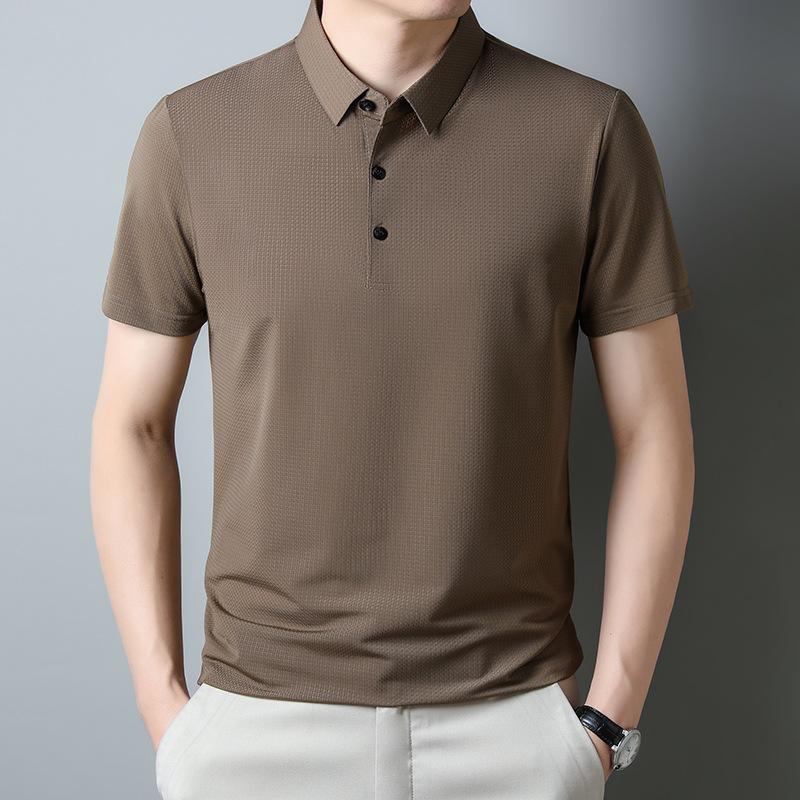 Men'S Solid Color Lapel Quick-Drying Waffle Loose Breathable Medium And Short-Sleeved T-Shirt Polo Shirt
