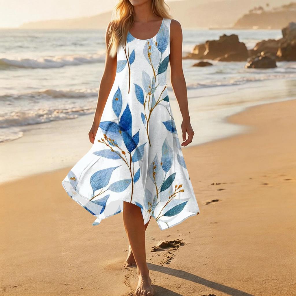 Ärmelloses Sommerkleid mit Blumenprint für Damen, Rundhalsausschnitt, unregelmäßiger Saum, mittellang, leicht, bequem