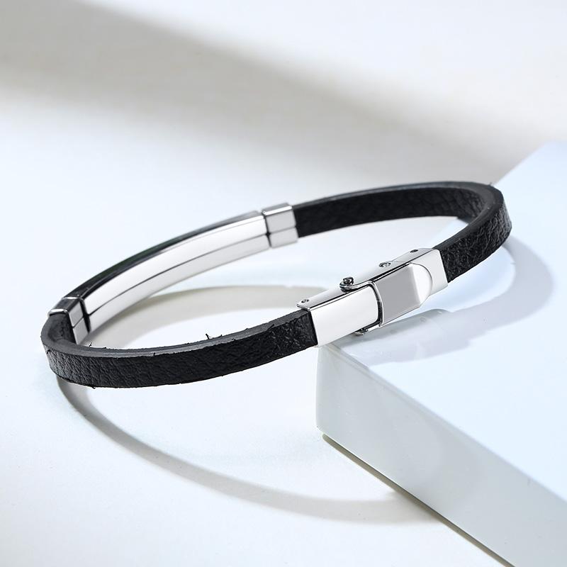 Simple Engraving ID Men Bracelet For Classic Male Leather Stainless Steel Bracelet Unique Unisex Custom Gift