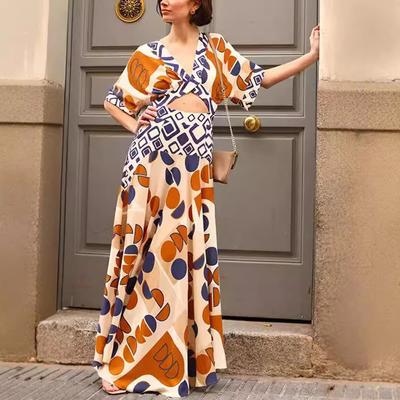 Vestido Feminino com Decote em V na Cintura Estampado Falso Duas Peças