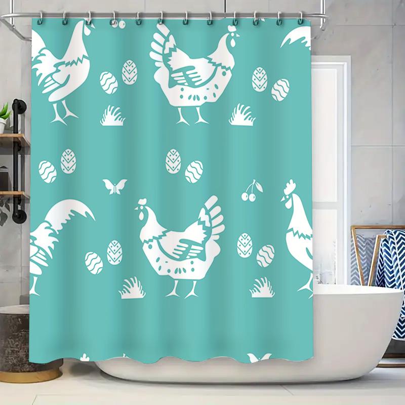 Chicken Pattern Shower Curtain Blue White Chicken Print Bath Mat Home Decor Waterproof Fabric 72X78183*200Cm W60H190(CM)-1 Pcs