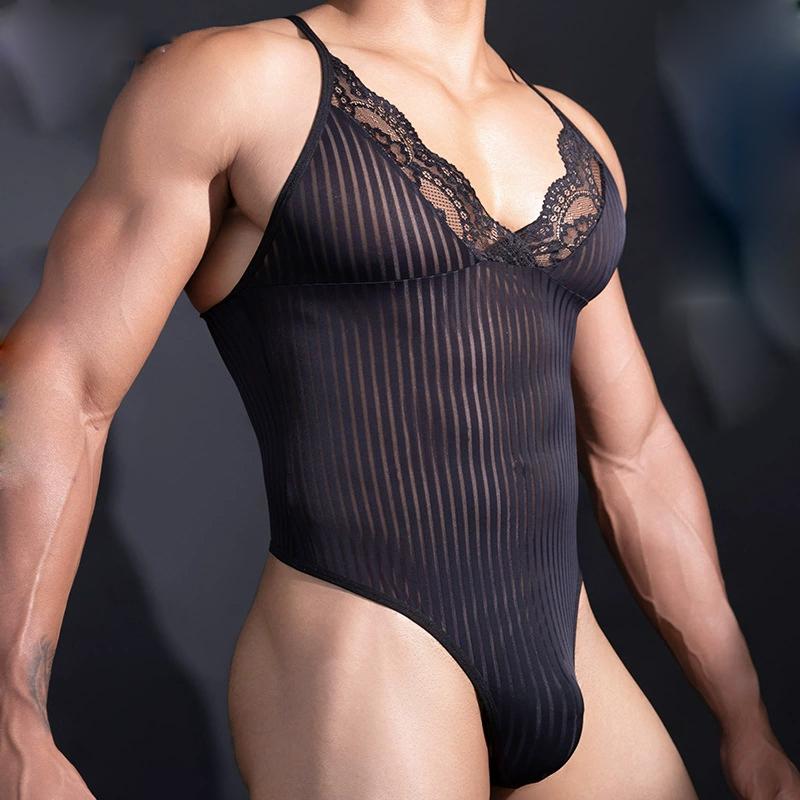 Buckle Open Crotch Sexy Stripe Men'S Bodysuit Tops Vest Deep V Lace Neck Elastic Shaping Tights Transparent Nightclub Leotard