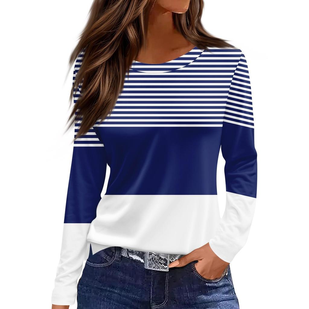 Women's 3D Gradient Stripes Solid Color Printed T-Shirt Fashion Long Sleeves Crew Neck Regular Top Holiday Weekend Spring Autumn