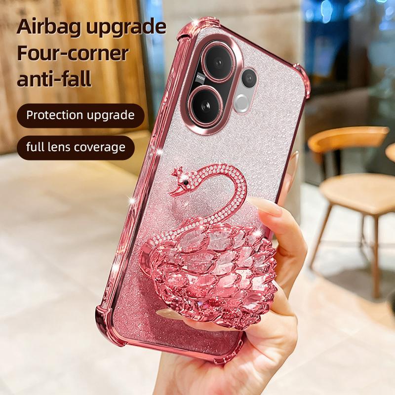 KEYSION Shockproof Plating Phone Case for VIVO V60 5G Clear Soft TPU Glitter Jewelled Swan Kickstand Back Cover for VIVO V60