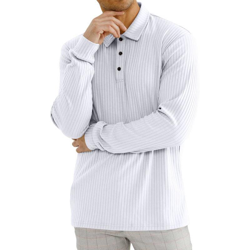 Men's Spring Autumn Solid Color Tops White Black Elastic Knitted Shirts Long Sleeve Button Polo Collar Shirt